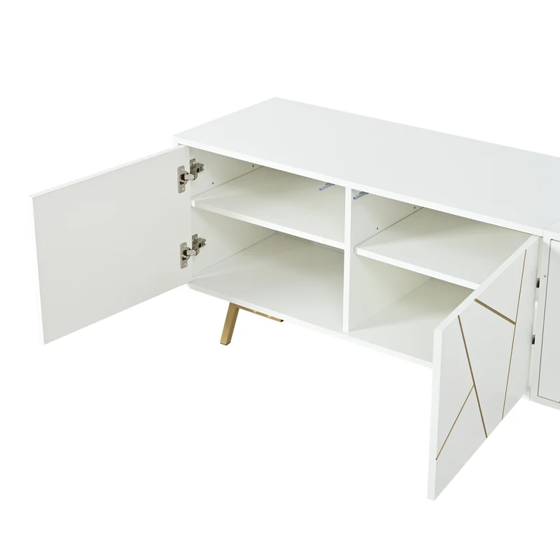 Meuble TV blanc 4 portes, design contemporain et lignes dorés asymétriques CASCADENEXUSA