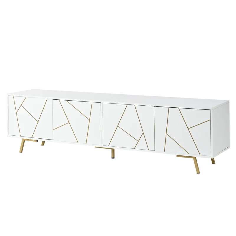 Meuble TV blanc 4 portes, design contemporain et lignes dorés asymétriques CASCADENEXUSA