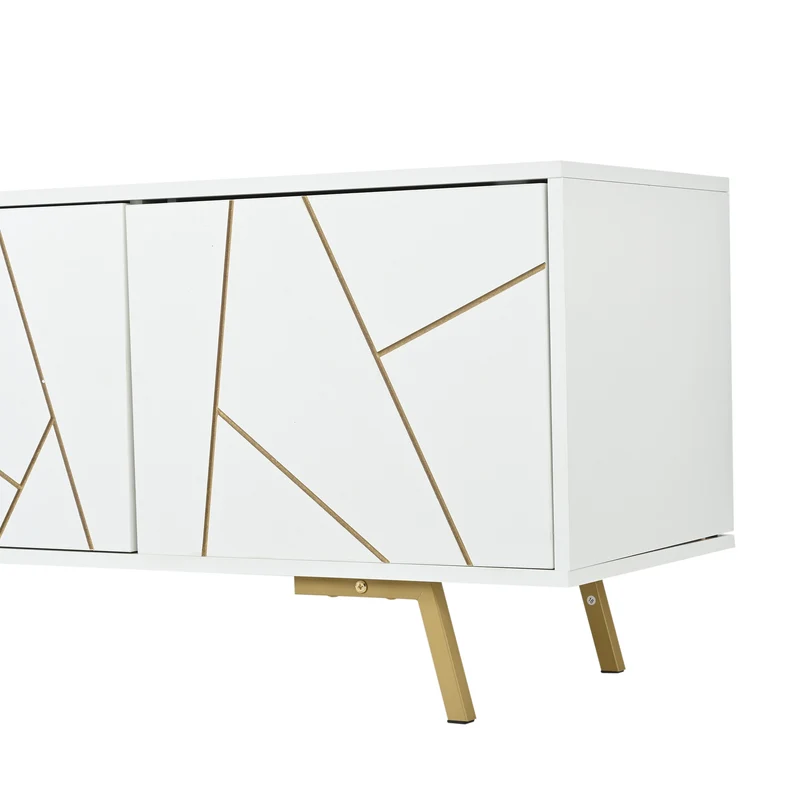 Meuble TV blanc 4 portes, design contemporain et lignes dorés asymétriques CASCADENEXUSA