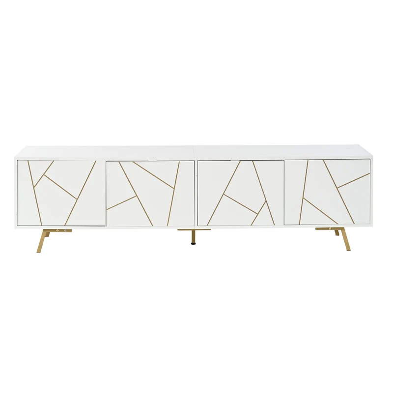 Meuble TV blanc 4 portes, design contemporain et lignes dorés asymétriques CASCADENEXUSA