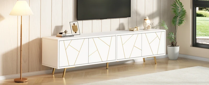 Meuble TV blanc 4 portes, design contemporain et lignes dorés asymétriques CASCADENEXUSA