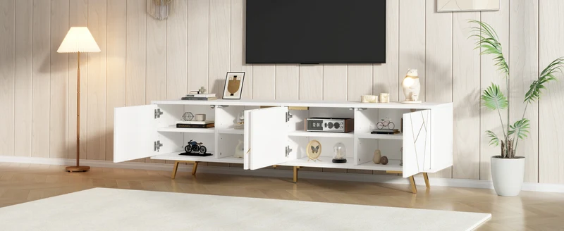 Meuble TV blanc 4 portes, design contemporain et lignes dorés asymétriques CASCADENEXUSA