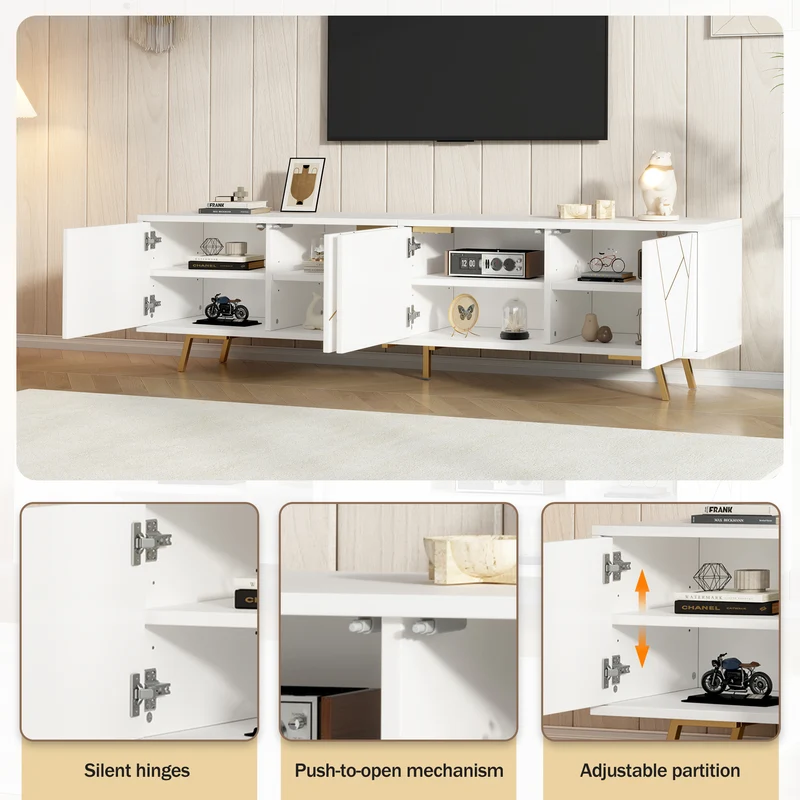 Meuble TV blanc 4 portes, design contemporain et lignes dorés asymétriques CASCADENEXUSA