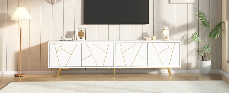 Meuble TV blanc 4 portes, design contemporain et lignes dorés asymétriques CASCADENEXUSA