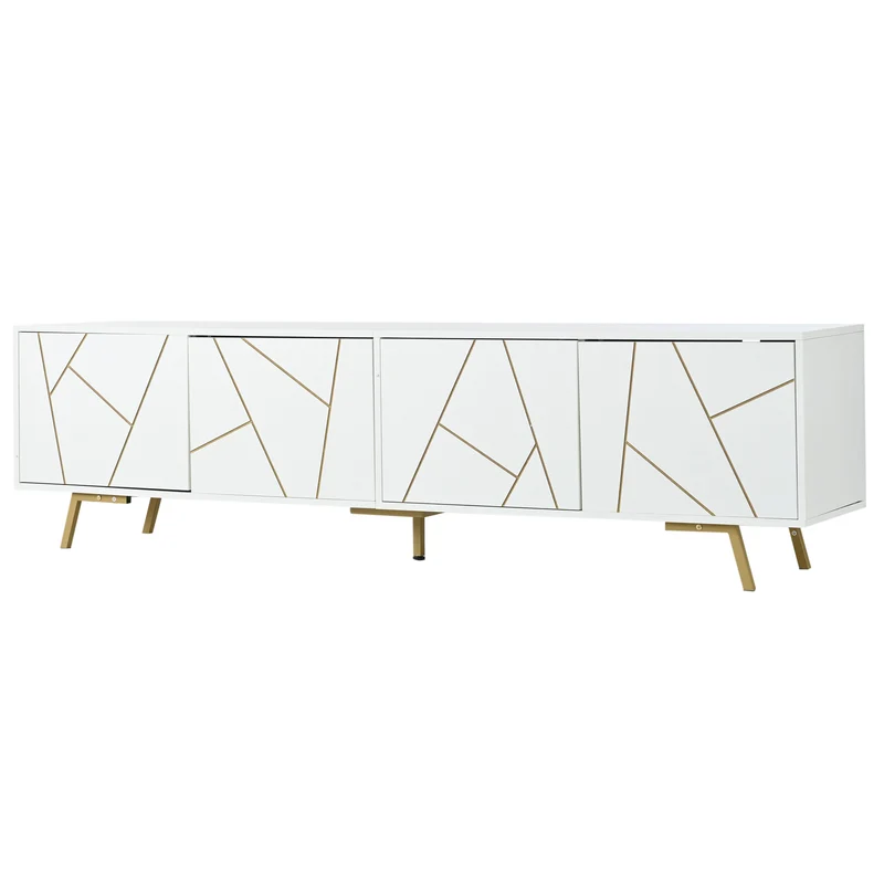 Meuble TV blanc 4 portes, design contemporain et lignes dorés asymétriques CASCADENEXUSA