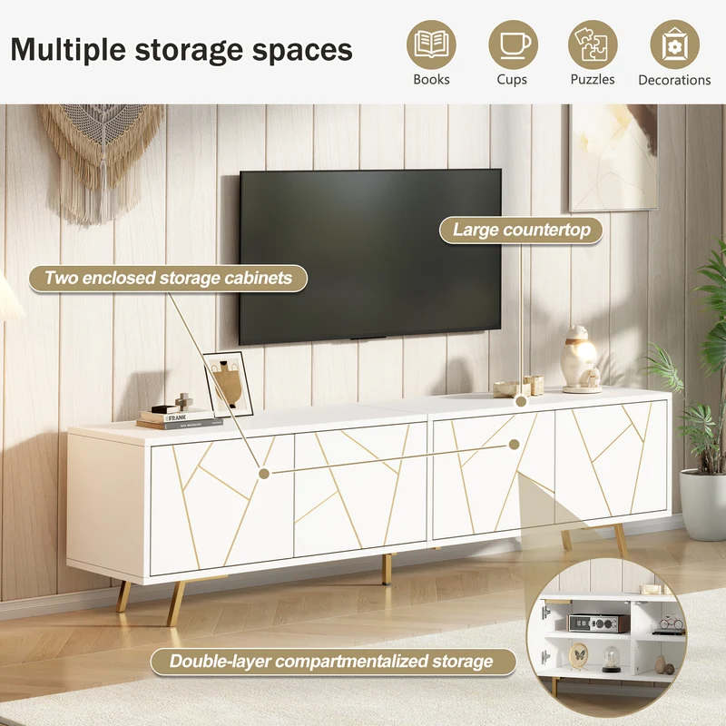 Meuble TV blanc 4 portes, design contemporain et lignes dorés asymétriques CASCADENEXUSA
