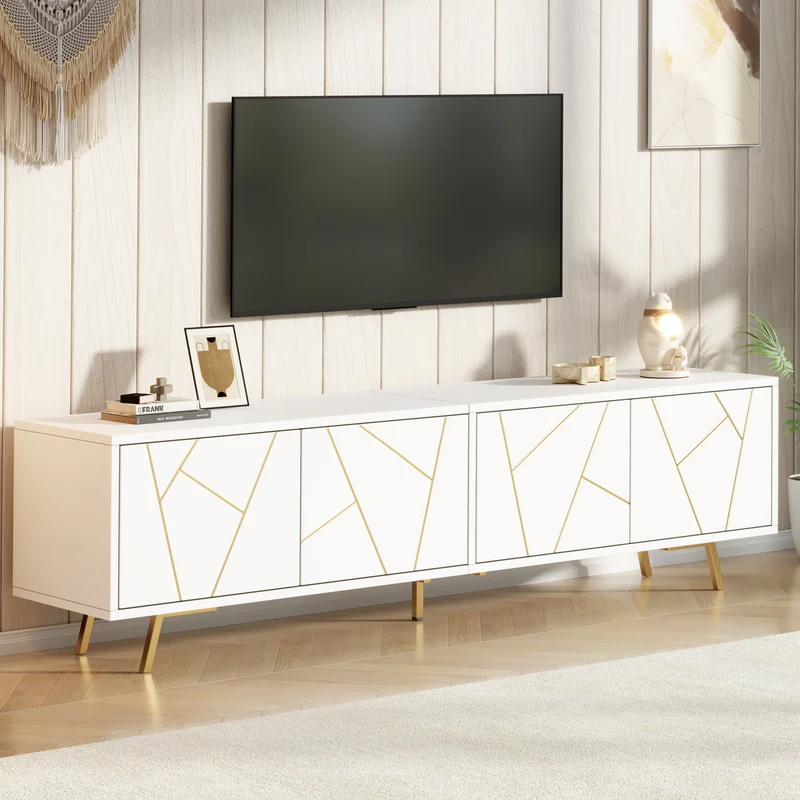 Meuble TV blanc 4 portes, design contemporain et lignes dorés asymétriques CASCADENEXUSA
