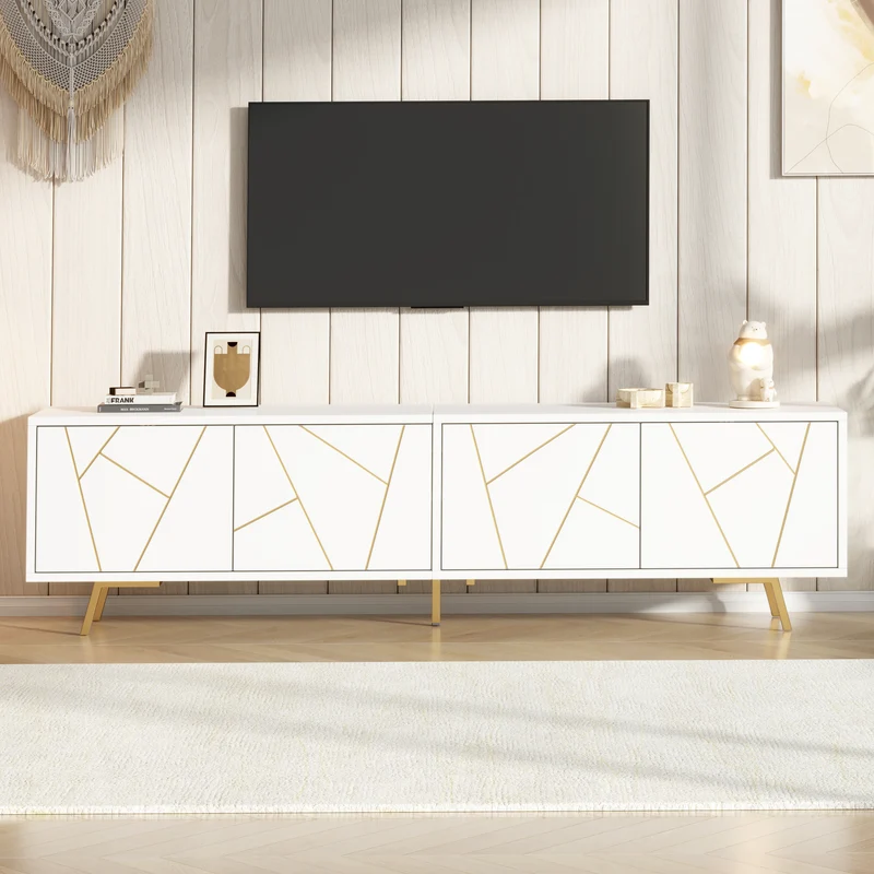 Meuble TV blanc 4 portes, design contemporain et lignes dorés asymétriques CASCADENEXUSA