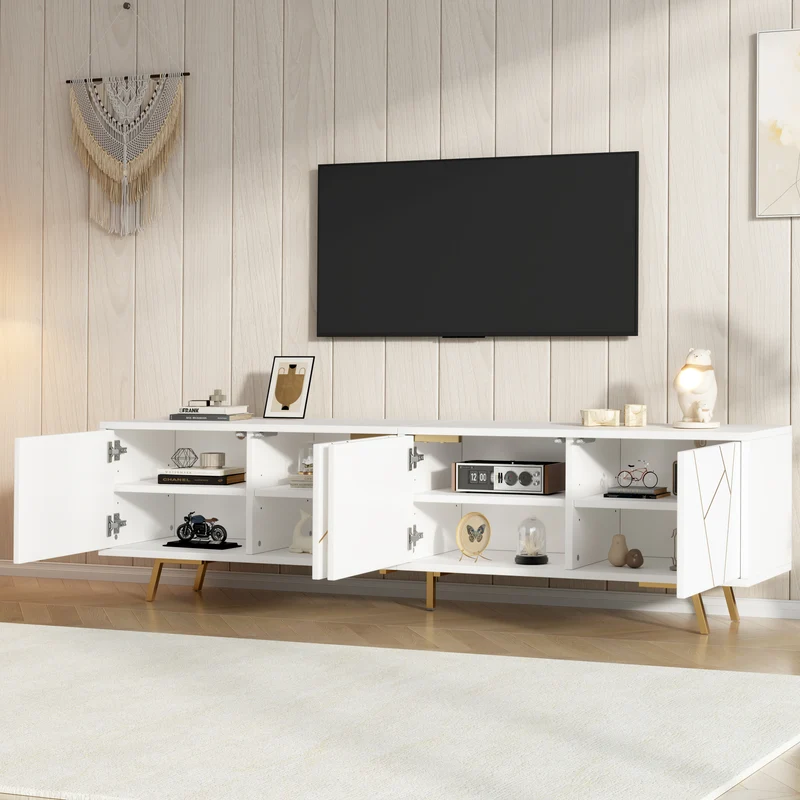 Meuble TV blanc 4 portes, design contemporain et lignes dorés asymétriques CASCADENEXUSA