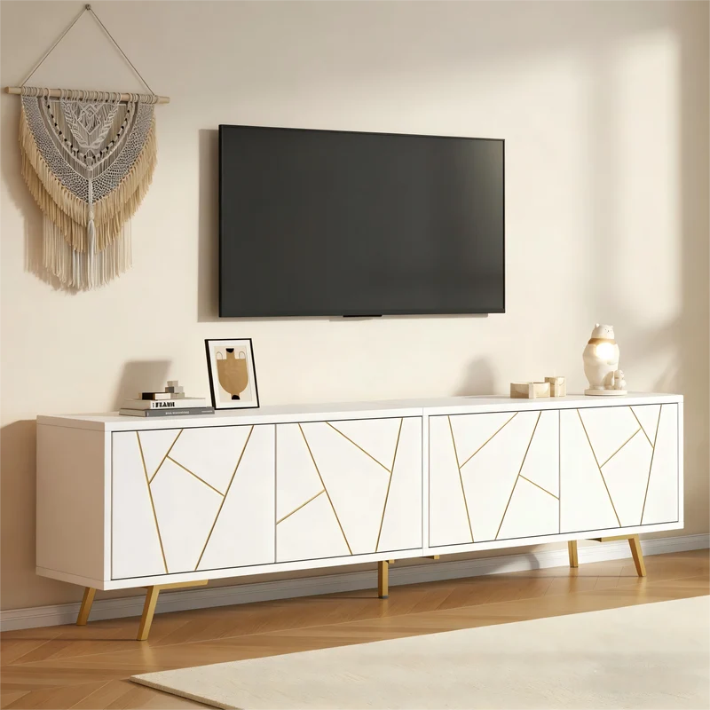 Meuble TV blanc 4 portes, design contemporain et lignes dorés asymétriques CASCADENEXUSA