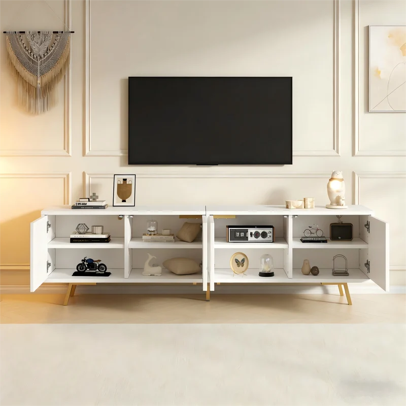 Meuble TV blanc 4 portes, design contemporain et lignes dorés asymétriques CASCADENEXUSA