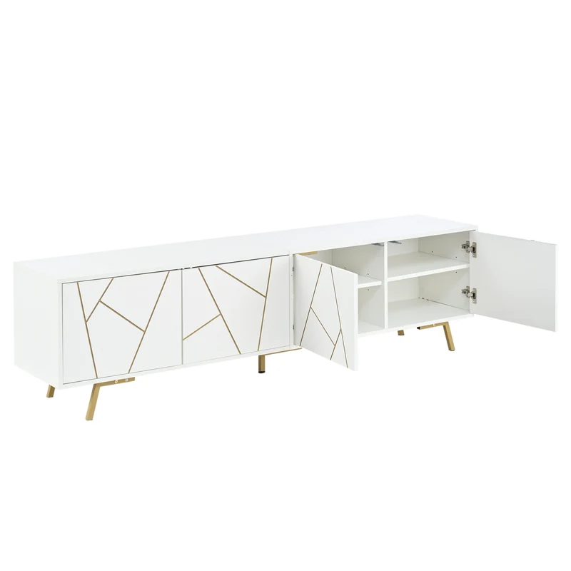 Meuble TV blanc 4 portes, design contemporain et lignes dorés asymétriques CASCADENEXUSA