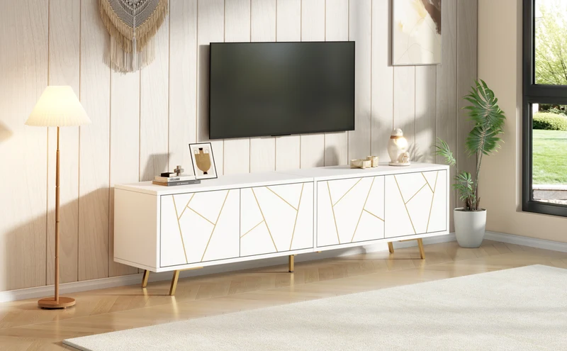 Meuble TV blanc 4 portes, design contemporain et lignes dorés asymétriques CASCADENEXUSA