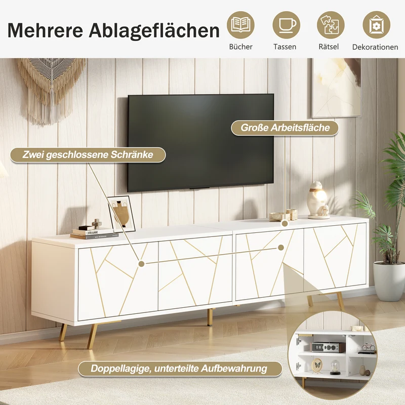 Meuble TV blanc 4 portes, design contemporain et lignes dorés asymétriques CASCADENEXUSA