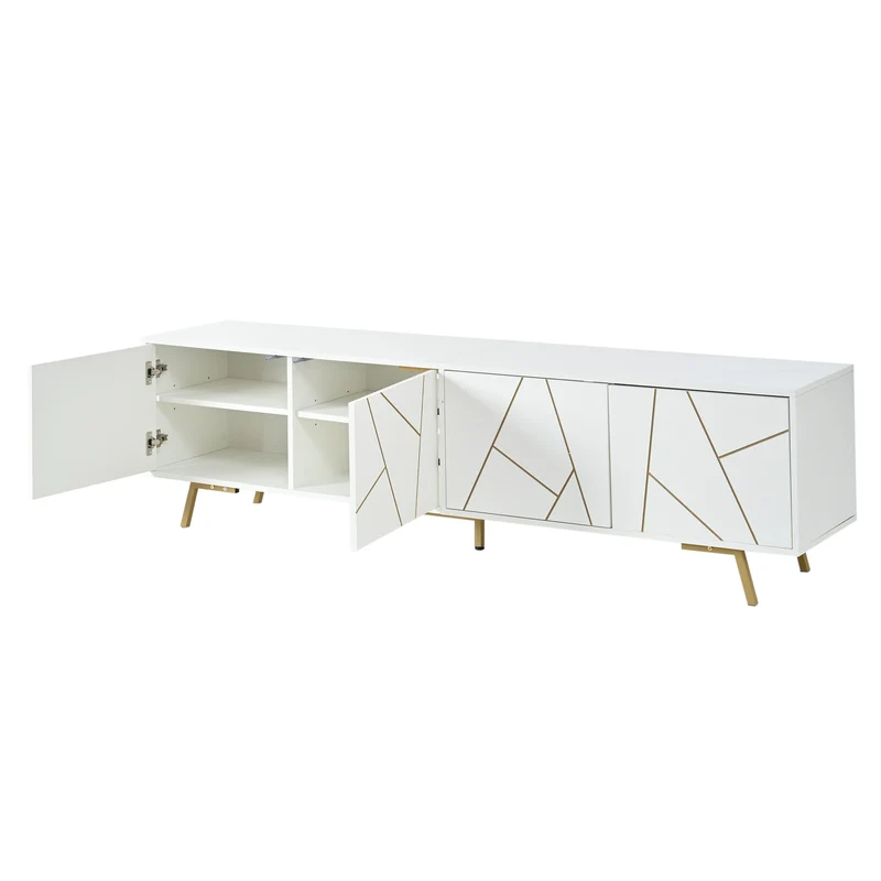Meuble TV blanc 4 portes, design contemporain et lignes dorés asymétriques CASCADENEXUSA