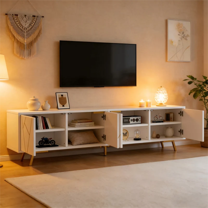 Meuble TV blanc 4 portes, design contemporain et lignes dorés asymétriques CASCADENEXUSA