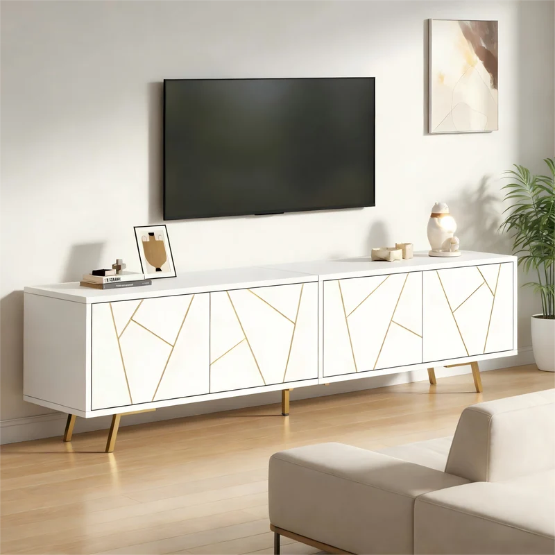 Meuble TV blanc 4 portes, design contemporain et lignes dorés asymétriques CASCADENEXUSA