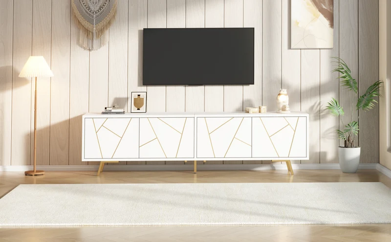 Meuble TV blanc 4 portes, design contemporain et lignes dorés asymétriques CASCADENEXUSA