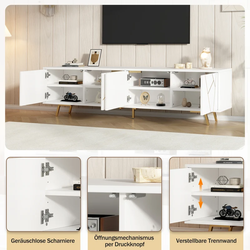 Meuble TV blanc 4 portes, design contemporain et lignes dorés asymétriques CASCADENEXUSA