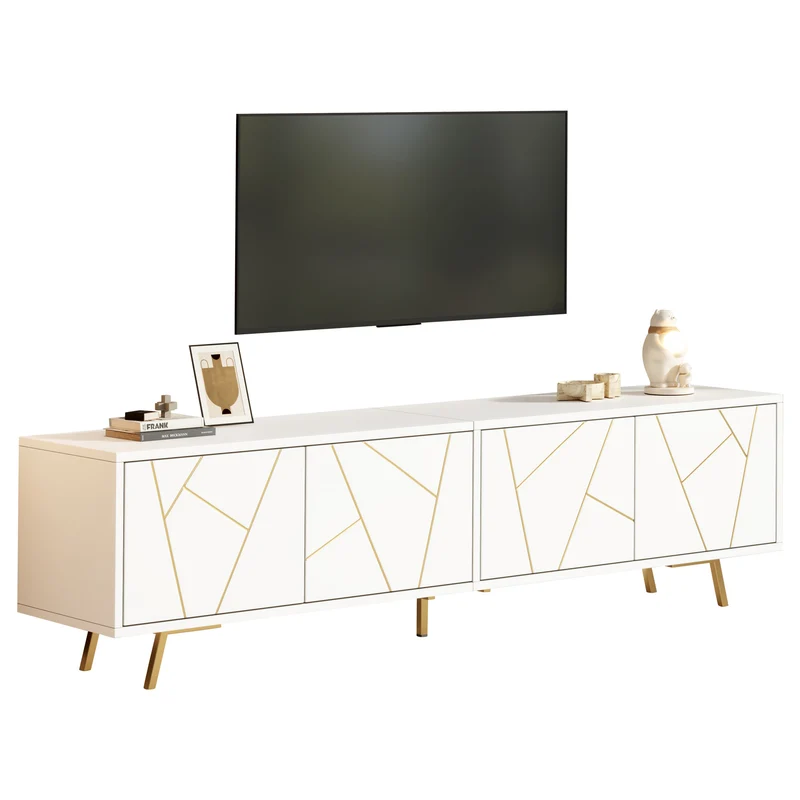 Meuble TV blanc 4 portes, design contemporain et lignes dorés asymétriques CASCADENEXUSA