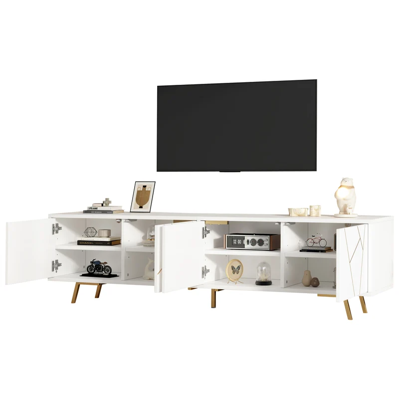 Meuble TV blanc 4 portes, design contemporain et lignes dorés asymétriques CASCADENEXUSA