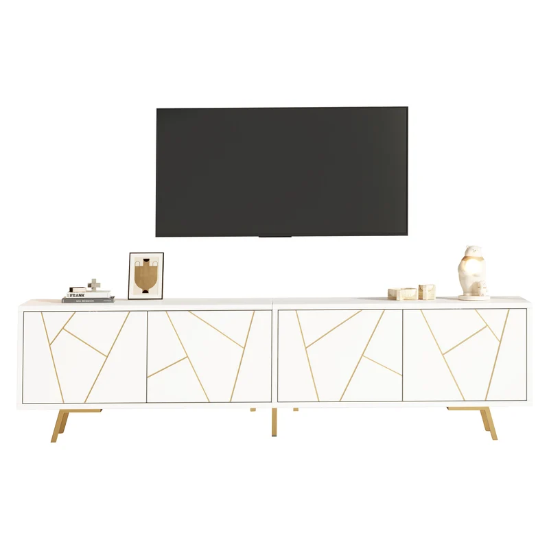 Meuble TV blanc 4 portes, design contemporain et lignes dorés asymétriques CASCADENEXUSA