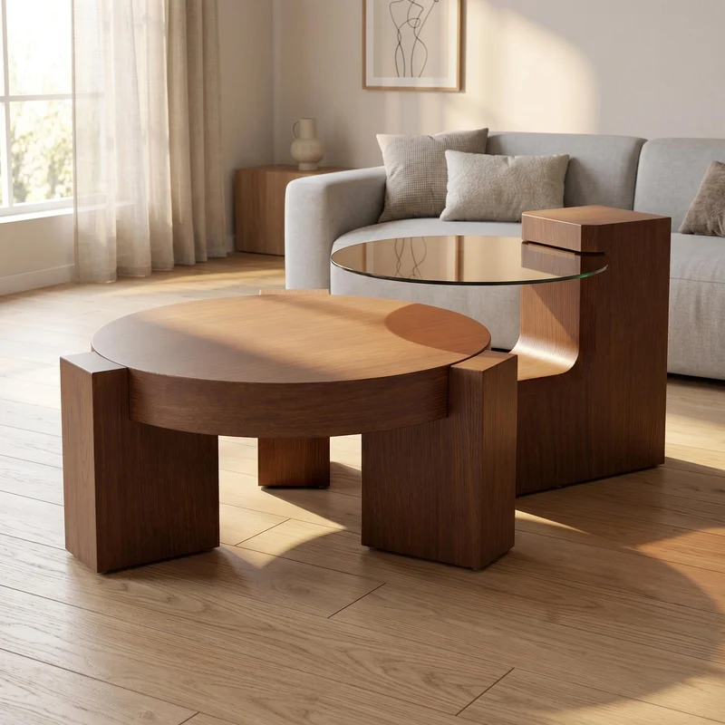 Lot de 2 tables basses modulables ronde effet noyer et verre trempé marron 61/44cm MERIDIANVERTE