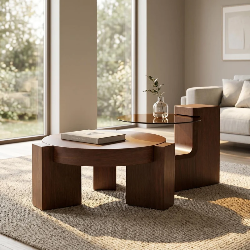 Lot de 2 tables basses modulables ronde effet noyer et verre trempé marron 61/44cm MERIDIANVERTE