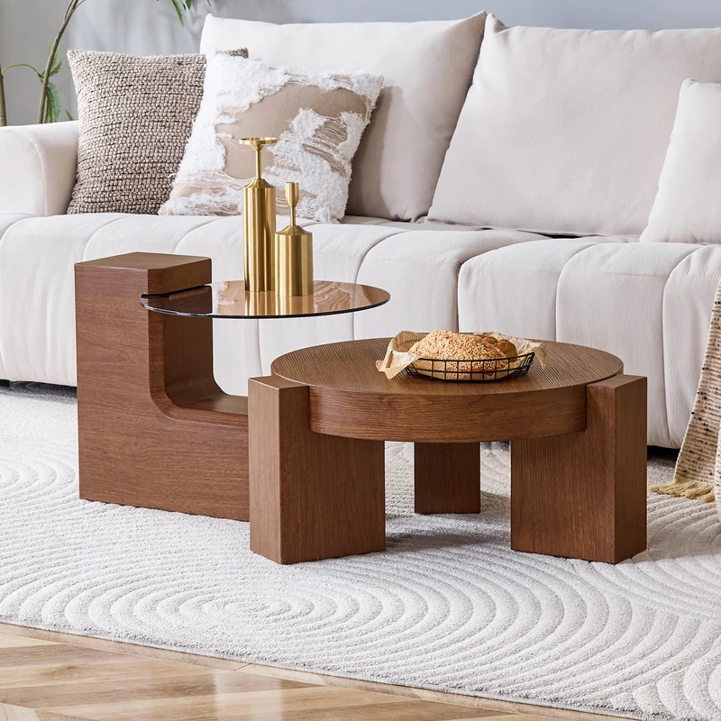 Lot de 2 tables basses modulables ronde effet noyer et verre trempé marron 61/44cm MERIDIANVERTE