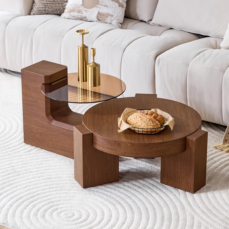 Lot de 2 tables basses modulables ronde effet noyer et verre trempé marron 61/44cm MERIDIANVERTE