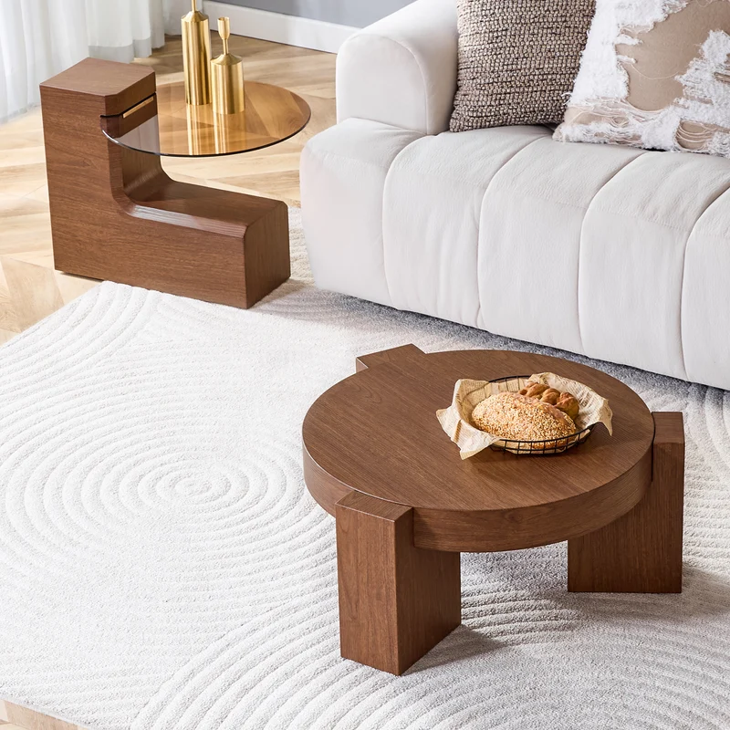 Lot de 2 tables basses modulables ronde effet noyer et verre trempé marron 61/44cm MERIDIANVERTE