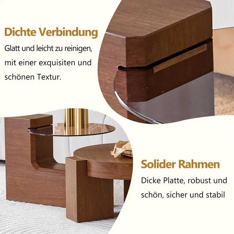 Lot de 2 tables basses modulables ronde effet noyer et verre trempé marron 61/44cm MERIDIANVERTE