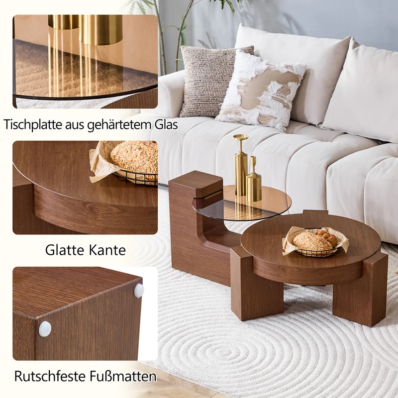 Lot de 2 tables basses modulables ronde effet noyer et verre trempé marron 61/44cm MERIDIANVERTE
