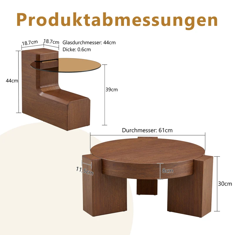 Lot de 2 tables basses modulables ronde effet noyer et verre trempé marron 61/44cm MERIDIANVERTE