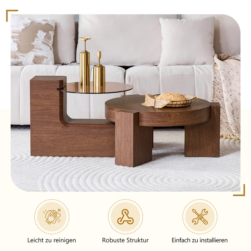 Lot de 2 tables basses modulables ronde effet noyer et verre trempé marron 61/44cm MERIDIANVERTE