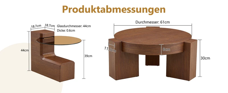 Lot de 2 tables basses modulables ronde effet noyer et verre trempé marron 61/44cm MERIDIANVERTE