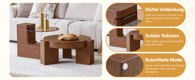 Lot de 2 tables basses modulables ronde effet noyer et verre trempé marron 61/44cm MERIDIANVERTE