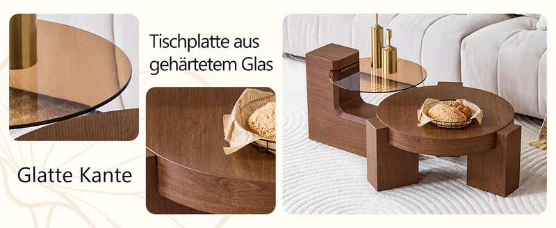 Lot de 2 tables basses modulables ronde effet noyer et verre trempé marron 61/44cm MERIDIANVERTE