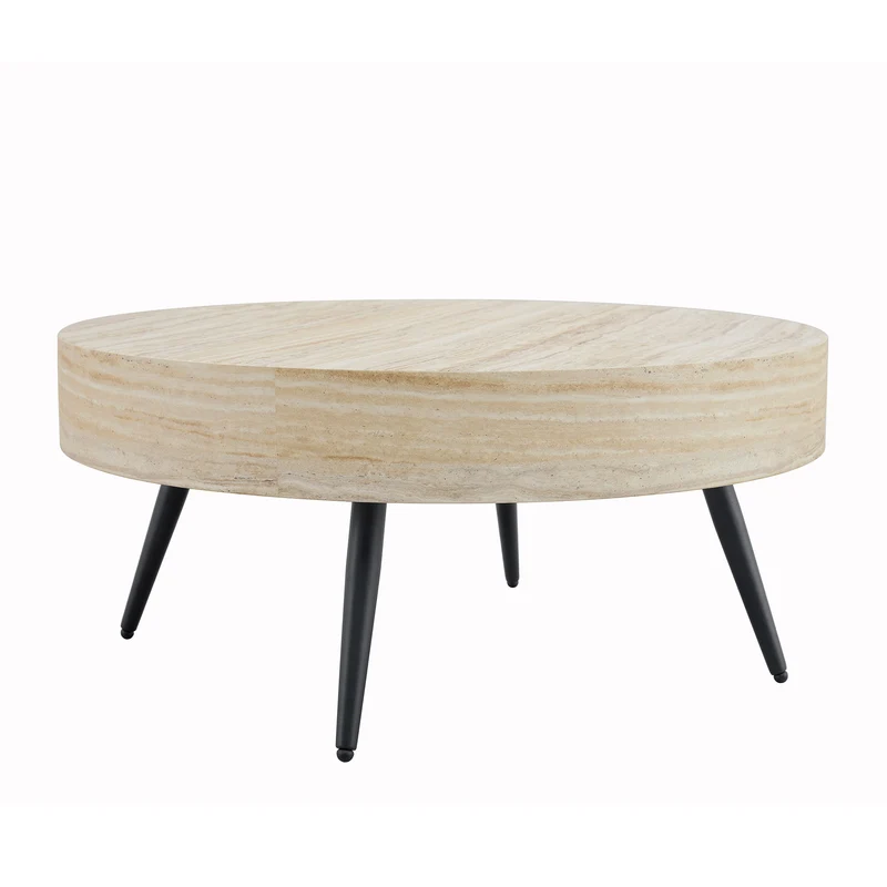 Table basse ronde effet travertin clair & pieds métal noir 70*70cm MERIDIANRIFTA