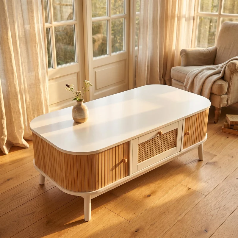 Table basse blanche en rotin 2 portes coulissantes 110x55x38,5 cm MERIDIANCLARITYY