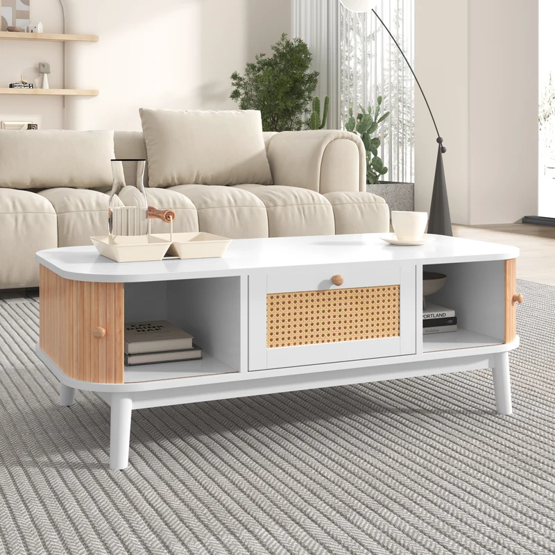 Table basse blanche en rotin 2 portes coulissantes 110x55x38,5 cm MERIDIANCLARITYY