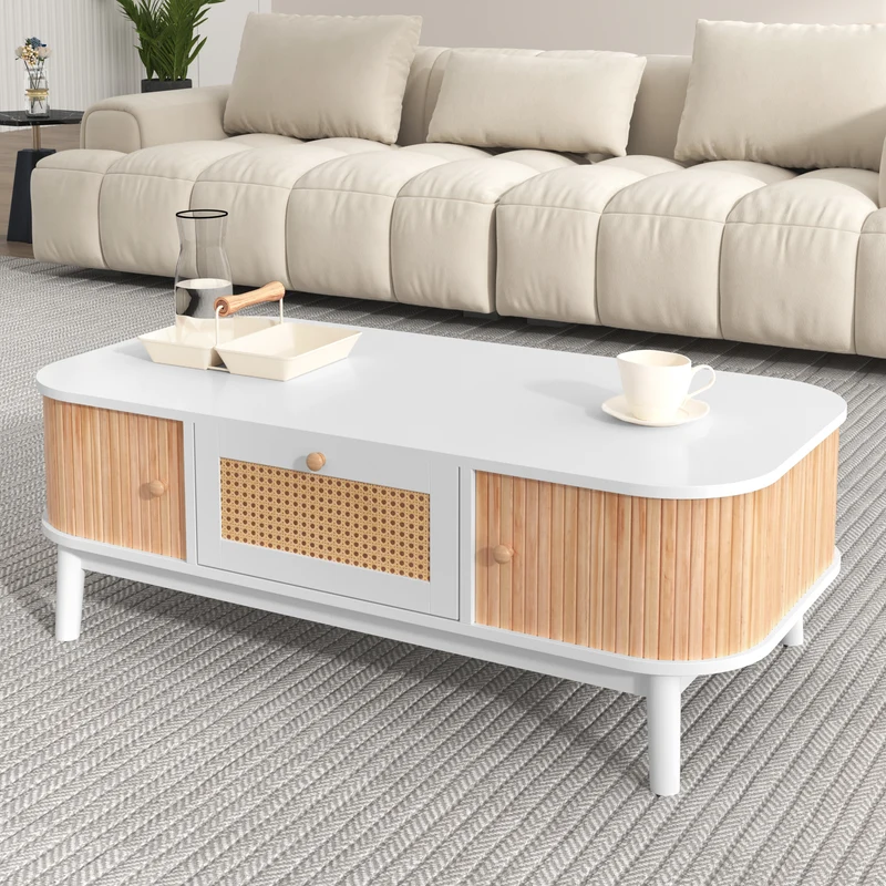 Table basse blanche en rotin 2 portes coulissantes 110x55x38,5 cm MERIDIANCLARITYY