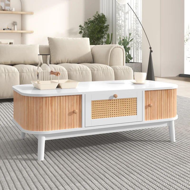 Table basse blanche en rotin 2 portes coulissantes 110x55x38,5 cm MERIDIANCLARITYY