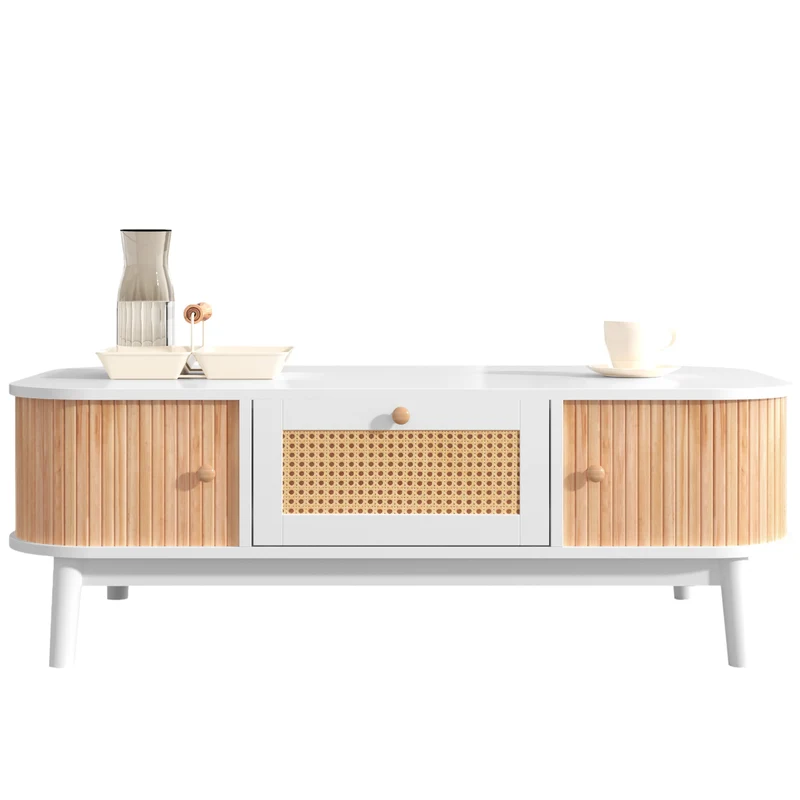 Table basse blanche en rotin 2 portes coulissantes 110x55x38,5 cm MERIDIANCLARITYY