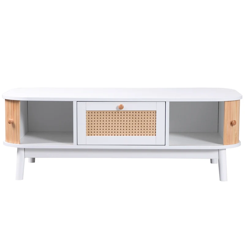 Table basse blanche en rotin 2 portes coulissantes 110x55x38,5 cm MERIDIANCLARITYY