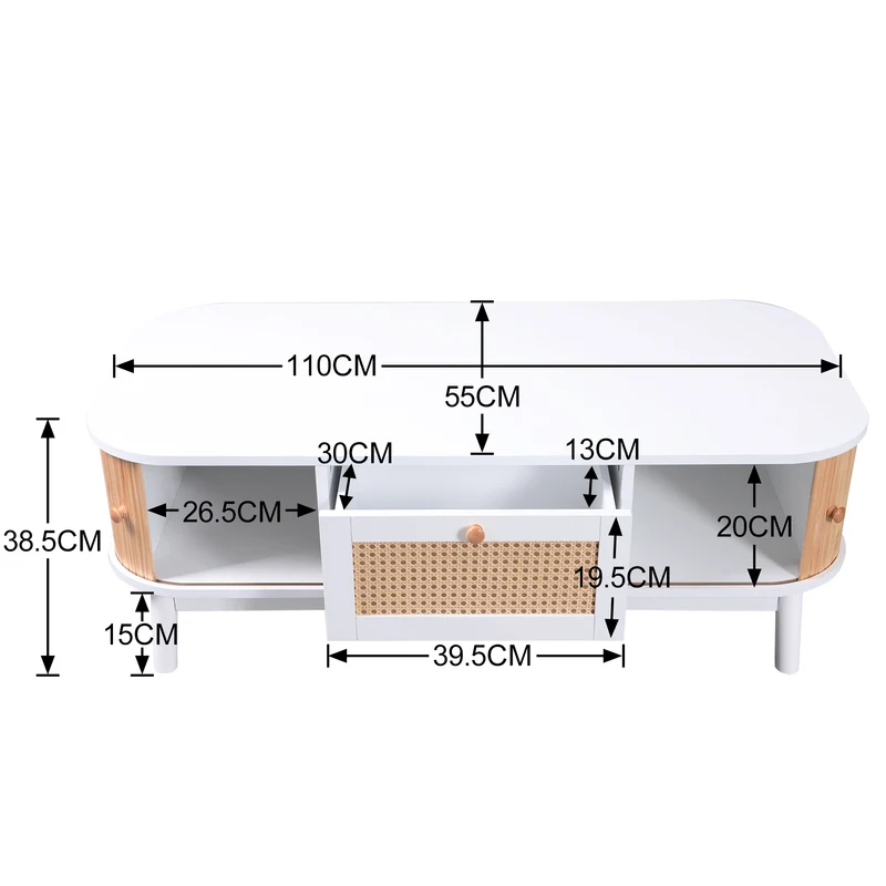 Table basse blanche en rotin 2 portes coulissantes 110x55x38,5 cm MERIDIANCLARITYY