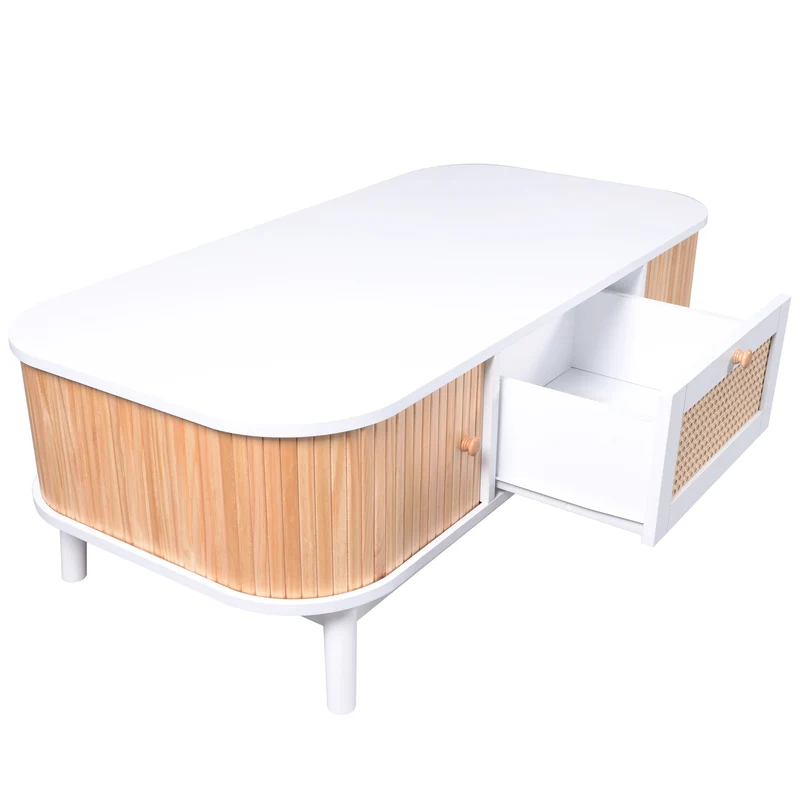 Table basse blanche en rotin 2 portes coulissantes 110x55x38,5 cm MERIDIANCLARITYY