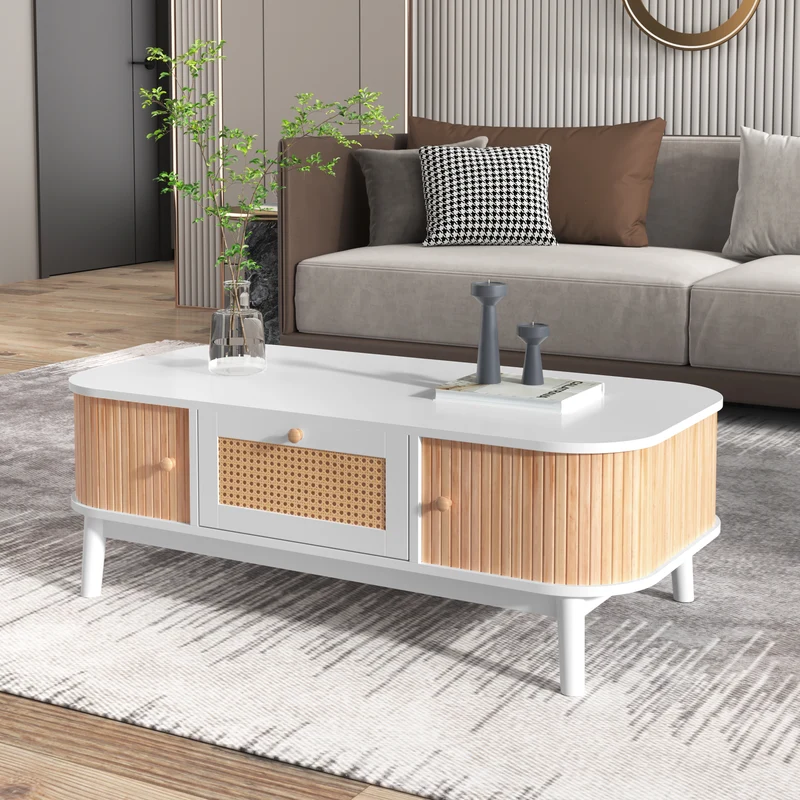 Table basse blanche en rotin 2 portes coulissantes 110x55x38,5 cm MERIDIANCLARITYY