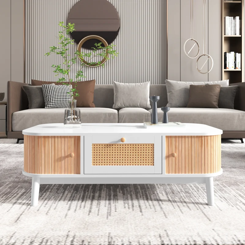 Table basse blanche en rotin 2 portes coulissantes 110x55x38,5 cm MERIDIANCLARITYY