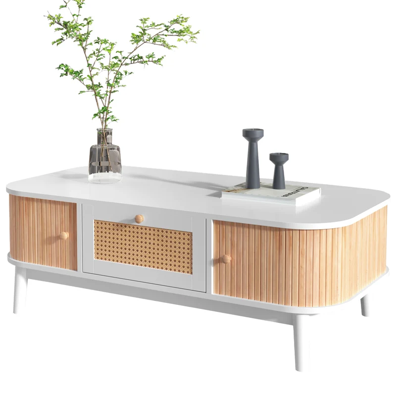 Table basse blanche en rotin 2 portes coulissantes 110x55x38,5 cm MERIDIANCLARITYY